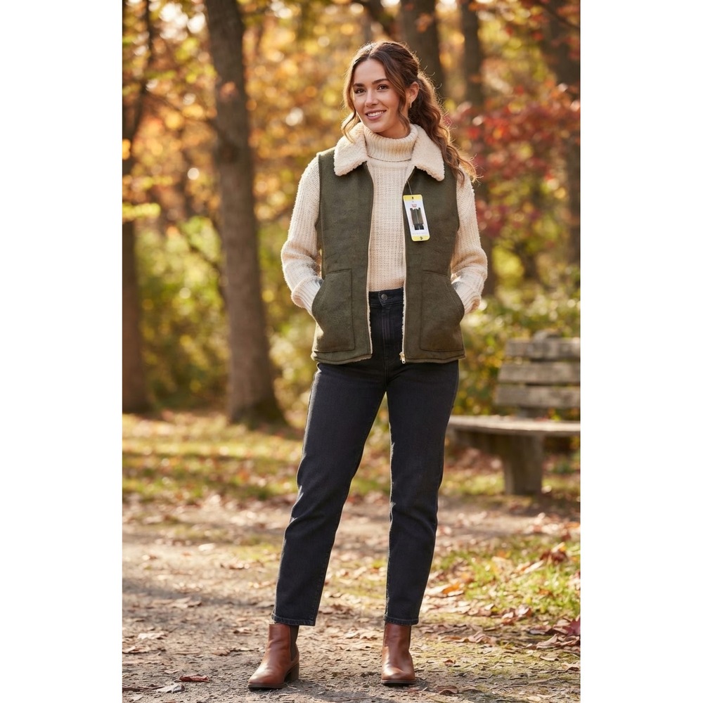 Sanctuary Womens Olive Green Faux Fur Lined Sherpa Collar Zip Vest Size S